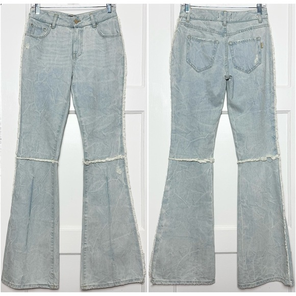 RETROFETE 70s Mid Rise Light Wash Denim Distressed Seam Bellbottom Flare Jean 24 - Picture 3 of 7